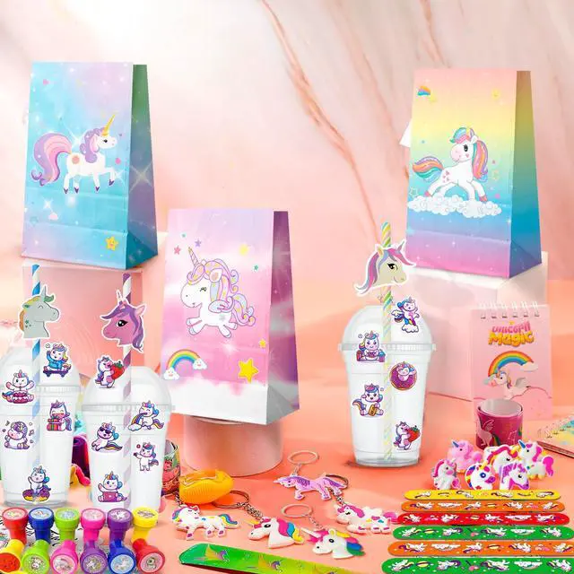 Alt view image 6 of 6 - 134 Pcs Unicorn Birthday Party Favors Bags Supplies, Unicorns Party Goodie Bags Bracelet Stickers Keychain Stampers Rings etc for Unicorns Birthday Decorations Supplies