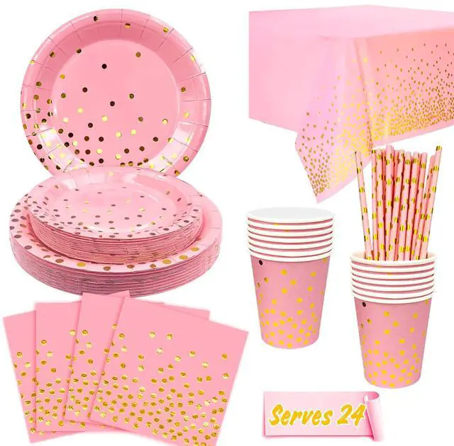 Main image of Rose Gold Party Supplies, 24 Guests Rose Gold Dot on White Paper Plates Napkins and Cups Pink and Glod Dinnerware Sets for Wedding Birthday Party Decorations
