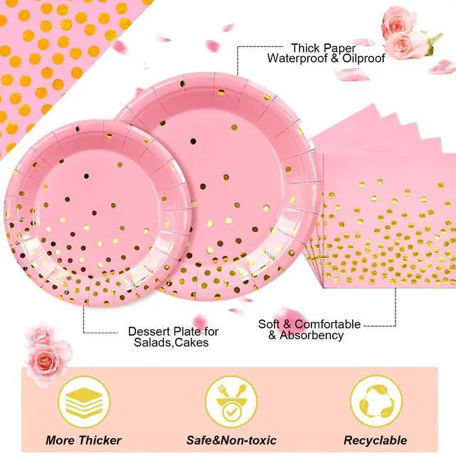 Alt view image 2 of 6 - Rose Gold Party Supplies, 24 Guests Rose Gold Dot on White Paper Plates Napkins and Cups Pink and Glod Dinnerware Sets for Wedding Birthday Party Decorations