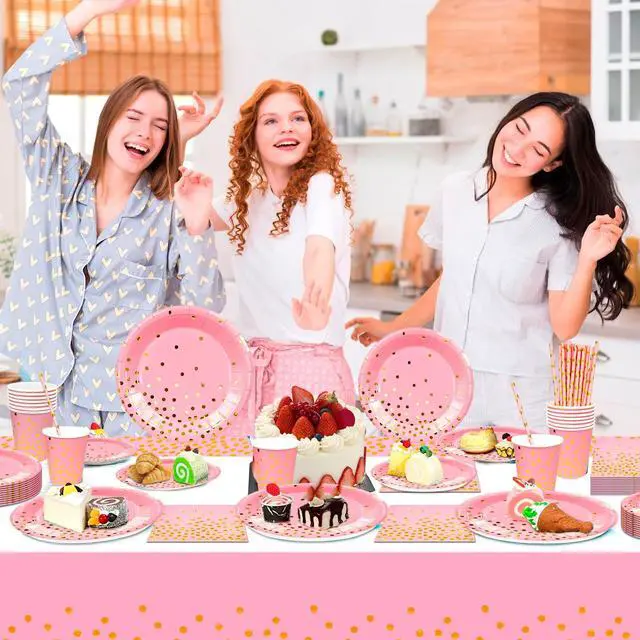 Alt view image 3 of 6 - Rose Gold Party Supplies, 24 Guests Rose Gold Dot on White Paper Plates Napkins and Cups Pink and Glod Dinnerware Sets for Wedding Birthday Party Decorations