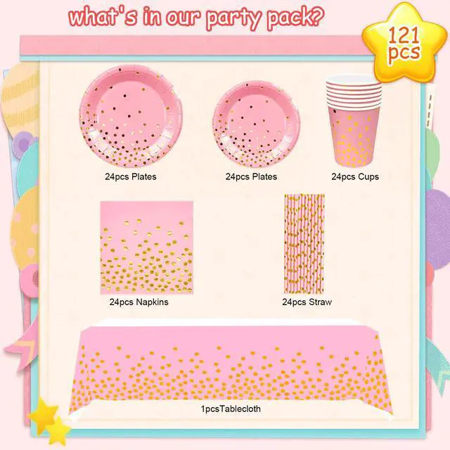Alt view image 6 of 6 - Rose Gold Party Supplies, 24 Guests Rose Gold Dot on White Paper Plates Napkins and Cups Pink and Glod Dinnerware Sets for Wedding Birthday Party Decorations