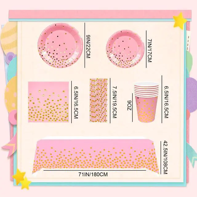 Alt view image 5 of 6 - Rose Gold Party Supplies, 24 Guests Rose Gold Dot on White Paper Plates Napkins and Cups Pink and Glod Dinnerware Sets for Wedding Birthday Party Decorations