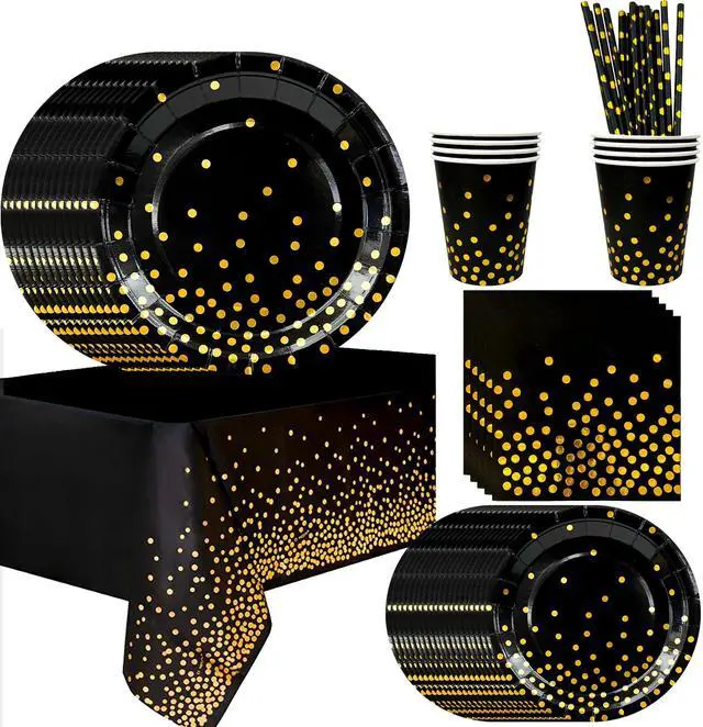 Main image of Black and Gold Party Supplies Tableware, 24 Guests Gold Dot on Black Paper Plates Napkins and Cups Black Gold Tablecloth Dinnerware Sets for Wedding Birthday Graduation Party Decorations