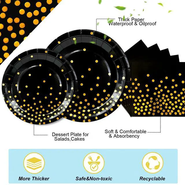 Alt view image 3 of 6 - Black and Gold Party Supplies Tableware, 24 Guests Gold Dot on Black Paper Plates Napkins and Cups Black Gold Tablecloth Dinnerware Sets for Wedding Birthday Graduation Party Decorations