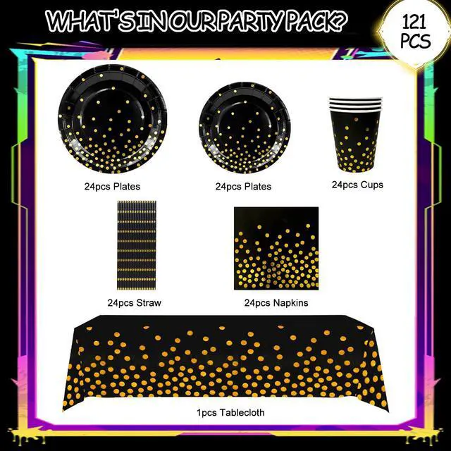Alt view image 6 of 6 - Black and Gold Party Supplies Tableware, 24 Guests Gold Dot on Black Paper Plates Napkins and Cups Black Gold Tablecloth Dinnerware Sets for Wedding Birthday Graduation Party Decorations