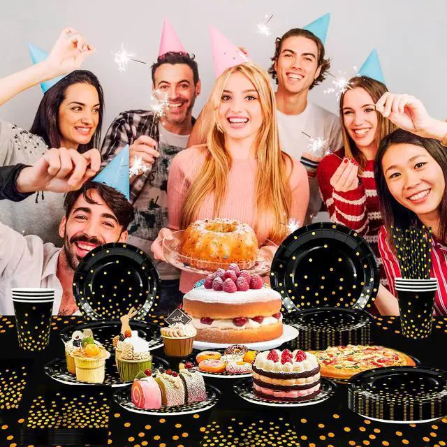 Alt view image 4 of 6 - Black and Gold Party Supplies Tableware, 24 Guests Gold Dot on Black Paper Plates Napkins and Cups Black Gold Tablecloth Dinnerware Sets for Wedding Birthday Graduation Party Decorations