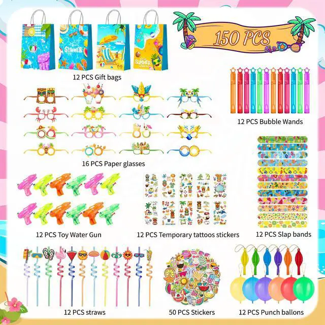 Alt view image 2 of 7 - 150 Pcs Pool Party Favors Fillers Summer Goodie Bag Paper Glasses Water Guns