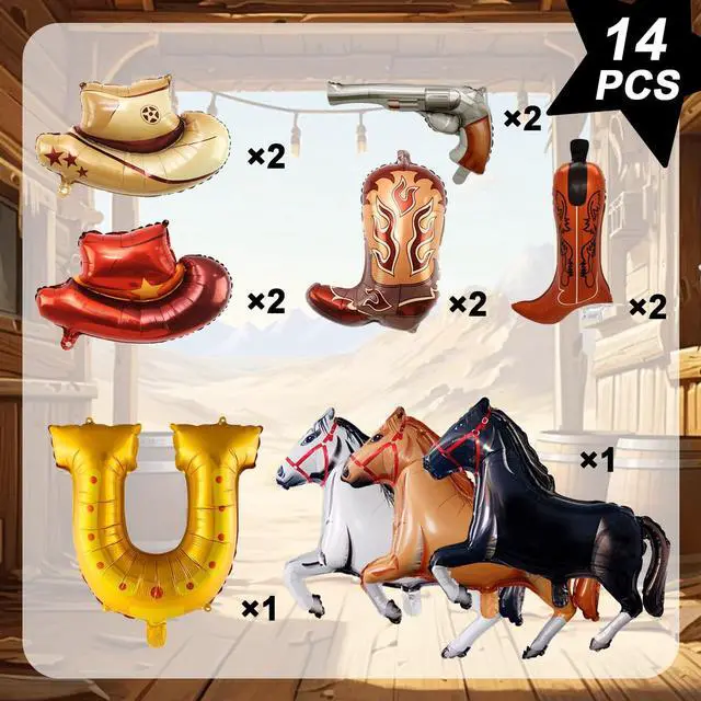 Alt view image 2 of 6 - Western Cowboy Balloons, 14 Pcs Cowboy Party Decorations Balloons Set, Hat Foil Balloons Horse Foil Balloons for Cowboy Birthday Party Decorations