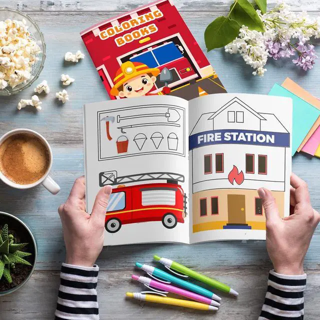 Alt view image 6 of 7 - 24 Pcs Fire Fighter Coloring Book Fireman Coloring Book 12 Pcs Firefighter Party Color Pencils for Fire Truck Birthday Decorations Favors