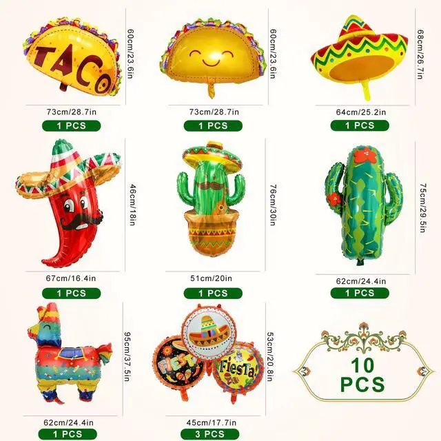 Alt view image 2 of 6 - Mexican Fiesta Decorations for Fiesta Party Decorations, 10pcs Mexican Foil Balloons Mexican Fiesta Balloons Mexican Theme Balloons for Cinco De Mayo Decorations Taco Party Decorations