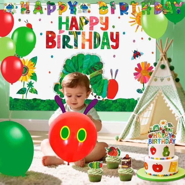 Alt view image 7 of 7 - 92pcs Hungry Caterpillar Birthday Decorations Set Including Hungry Caterpillar Background Banner Cake Decorations Balloons etc Hungry Caterpillar Decorations