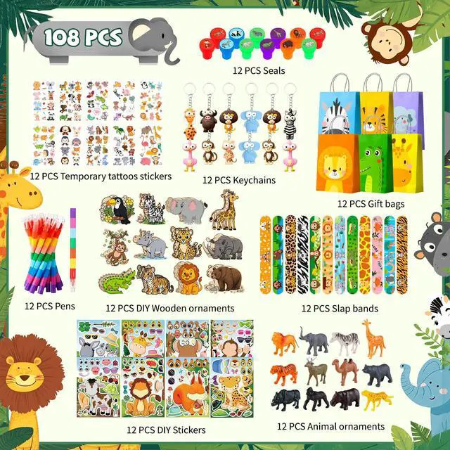 Alt view image 2 of 6 - 108 Pcs Jungle Safari Party Favors Supplies Kit Includes Jungle Animal Party Favors Bags Stickers Stampers Keychain etc Jungle Safari Birthday Decorations