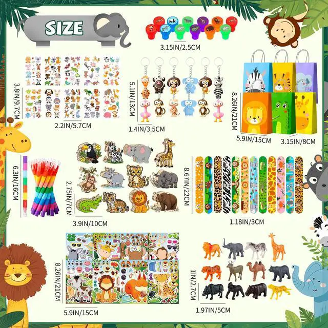 Alt view image 3 of 6 - 108 Pcs Jungle Safari Party Favors Supplies Kit Includes Jungle Animal Party Favors Bags Stickers Stampers Keychain etc Jungle Safari Birthday Decorations