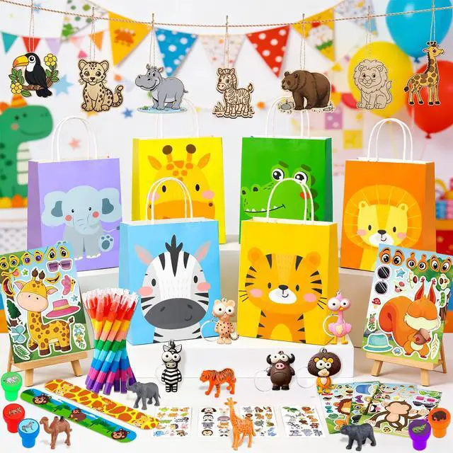 Alt view image 6 of 6 - 108 Pcs Jungle Safari Party Favors Supplies Kit Includes Jungle Animal Party Favors Bags Stickers Stampers Keychain etc Jungle Safari Birthday Decorations