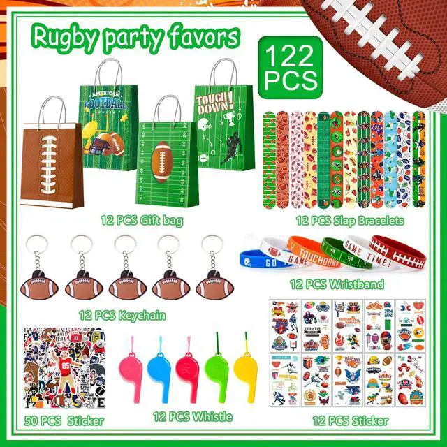 Alt view image 2 of 6 - Super Football Party Favors Kit for 12 Guests, 122 Pcs All-In-One Rugby Party Favors Bags Set Football Birthday Decoration Gift Bags Rugby Keychains Bracelets Stickers Whistle etc