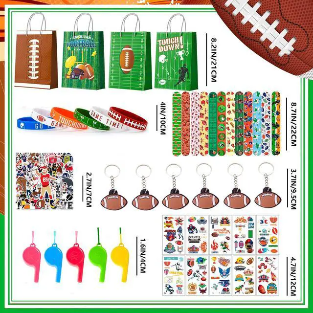 Alt view image 3 of 6 - Super Football Party Favors Kit for 12 Guests, 122 Pcs All-In-One Rugby Party Favors Bags Set Football Birthday Decoration Gift Bags Rugby Keychains Bracelets Stickers Whistle etc
