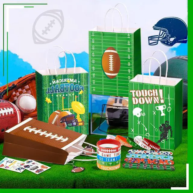 Alt view image 4 of 6 - Super Football Party Favors Kit for 12 Guests, 122 Pcs All-In-One Rugby Party Favors Bags Set Football Birthday Decoration Gift Bags Rugby Keychains Bracelets Stickers Whistle etc