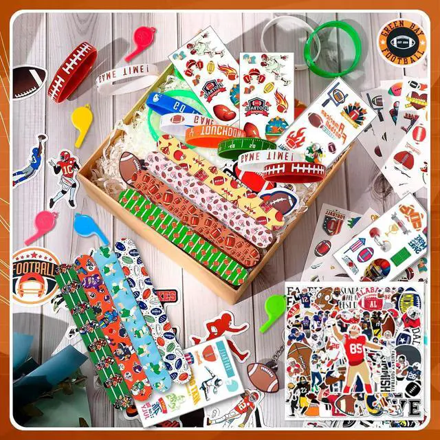 Alt view image 5 of 6 - Super Football Party Favors Kit for 12 Guests, 122 Pcs All-In-One Rugby Party Favors Bags Set Football Birthday Decoration Gift Bags Rugby Keychains Bracelets Stickers Whistle etc