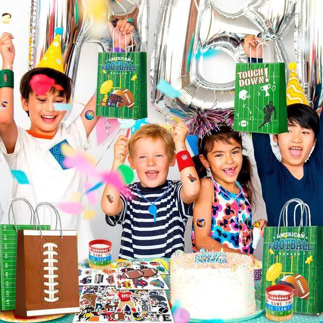 Alt view image 6 of 6 - Super Football Party Favors Kit for 12 Guests, 122 Pcs All-In-One Rugby Party Favors Bags Set Football Birthday Decoration Gift Bags Rugby Keychains Bracelets Stickers Whistle etc
