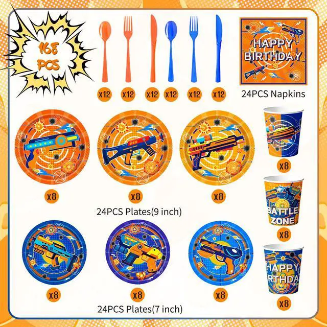 Alt view image 2 of 6 - 168 Pcs Dart War Birthday Party Tableware, 24 Guests Dart War Party Tableware Set Including Darts Battle Birthday Plates Napkins Paper Cups for Darts Battle Birthday Party Decorations Supplies