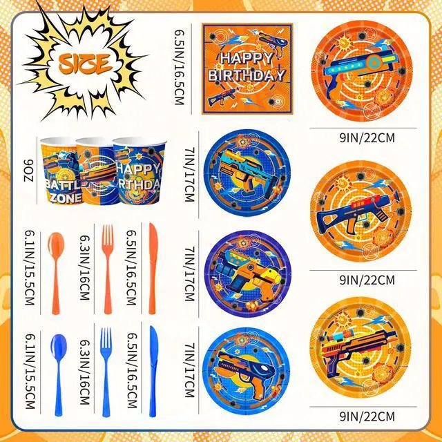 Alt view image 3 of 6 - 168 Pcs Dart War Birthday Party Tableware, 24 Guests Dart War Party Tableware Set Including Darts Battle Birthday Plates Napkins Paper Cups for Darts Battle Birthday Party Decorations Supplies
