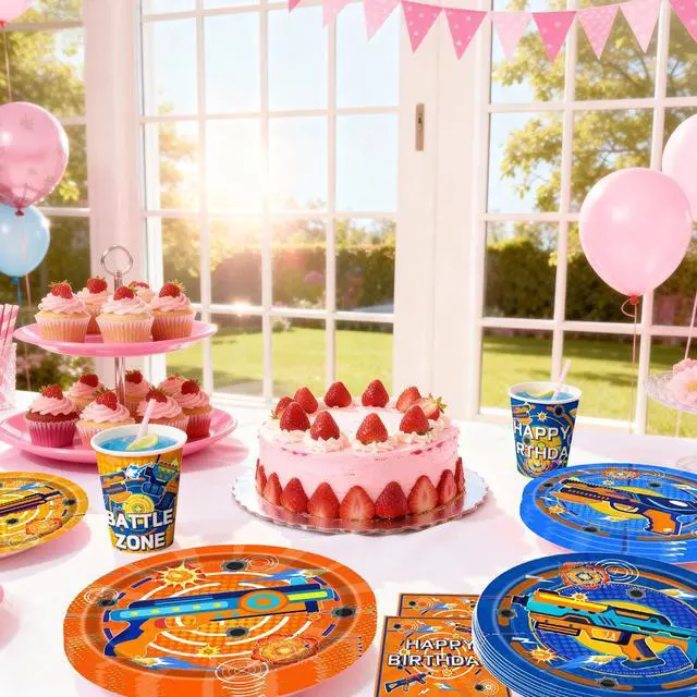 Alt view image 5 of 6 - 168 Pcs Dart War Birthday Party Tableware, 24 Guests Dart War Party Tableware Set Including Darts Battle Birthday Plates Napkins Paper Cups for Darts Battle Birthday Party Decorations Supplies