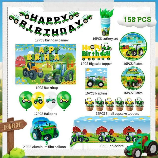 Alt view image 2 of 6 - 158 Pcs Tractor Birthday Decorations, 16 Guests Tractor Party Tableware Set Includes Tractor Plates Tablecloth Backdrop Balloons Cake Toppers etc Tractor Birthday Party Decorations Supplies
