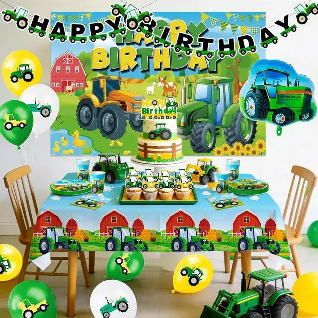 Alt view image 3 of 6 - 158 Pcs Tractor Birthday Decorations, 16 Guests Tractor Party Tableware Set Includes Tractor Plates Tablecloth Backdrop Balloons Cake Toppers etc Tractor Birthday Party Decorations Supplies