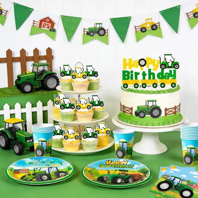 Alt view image 4 of 6 - 158 Pcs Tractor Birthday Decorations, 16 Guests Tractor Party Tableware Set Includes Tractor Plates Tablecloth Backdrop Balloons Cake Toppers etc Tractor Birthday Party Decorations Supplies
