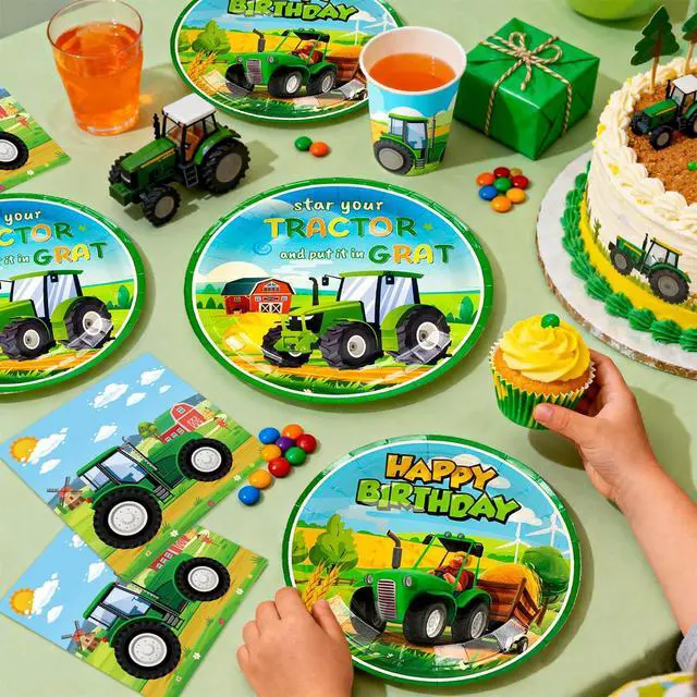 Alt view image 5 of 6 - 158 Pcs Tractor Birthday Decorations, 16 Guests Tractor Party Tableware Set Includes Tractor Plates Tablecloth Backdrop Balloons Cake Toppers etc Tractor Birthday Party Decorations Supplies