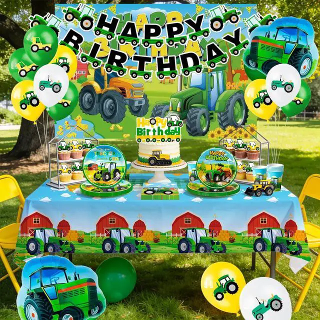 Alt view image 6 of 6 - 158 Pcs Tractor Birthday Decorations, 16 Guests Tractor Party Tableware Set Includes Tractor Plates Tablecloth Backdrop Balloons Cake Toppers etc Tractor Birthday Party Decorations Supplies