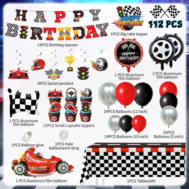Alt view image 2 of 6 - Race Car Birthday Decorations, 112 Pcs Race Car Party Decorations Set Includes Happy Birthday Banner Balloons Cake Toppers Hanging Swirls etc