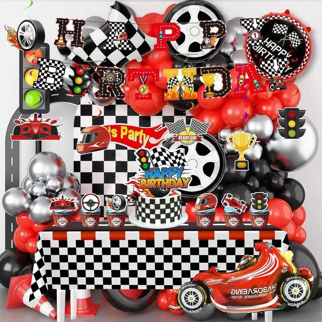 Main image of Race Car Birthday Decorations, 112 Pcs Race Car Party Decorations Set Includes Happy Birthday Banner Balloons Cake Toppers Hanging Swirls etc