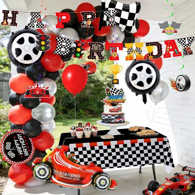 Alt view image 3 of 6 - Race Car Birthday Decorations, 112 Pcs Race Car Party Decorations Set Includes Happy Birthday Banner Balloons Cake Toppers Hanging Swirls etc
