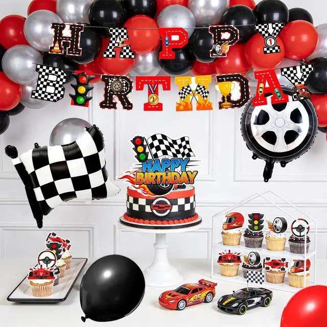Alt view image 4 of 6 - Race Car Birthday Decorations, 112 Pcs Race Car Party Decorations Set Includes Happy Birthday Banner Balloons Cake Toppers Hanging Swirls etc
