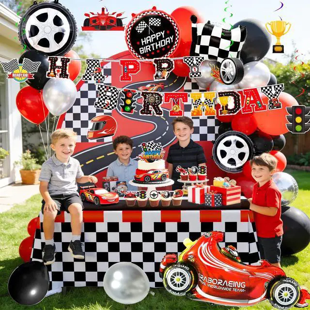 Alt view image 5 of 6 - Race Car Birthday Decorations, 112 Pcs Race Car Party Decorations Set Includes Happy Birthday Banner Balloons Cake Toppers Hanging Swirls etc
