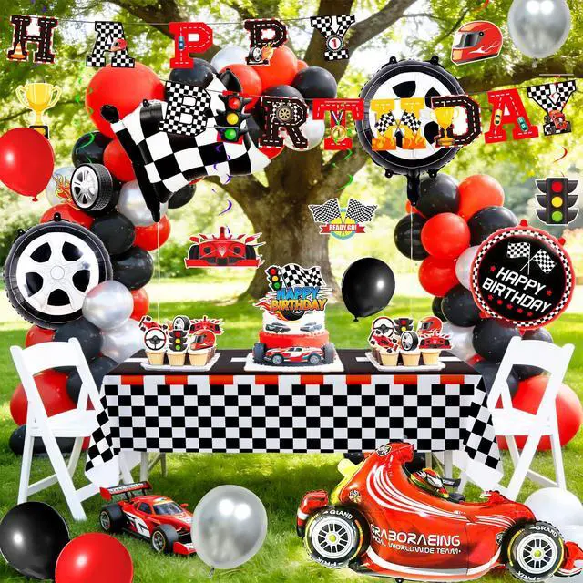 Alt view image 6 of 6 - Race Car Birthday Decorations, 112 Pcs Race Car Party Decorations Set Includes Happy Birthday Banner Balloons Cake Toppers Hanging Swirls etc