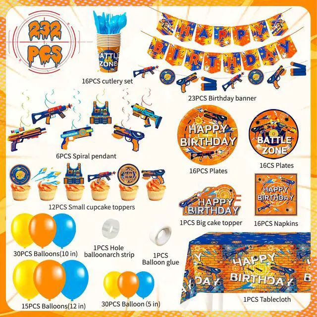 Alt view image 2 of 6 - 232 Pcs Dart War Party Decorations Supplies, 16 Guests Dart War Birthday Decorations Tableware Dart War Cupcake Toppers Banner Balloons Plates Tablecloth Hanging Swirls etc Dart Gun Party Decorations