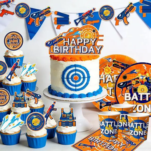 Alt view image 3 of 6 - 232 Pcs Dart War Party Decorations Supplies, 16 Guests Dart War Birthday Decorations Tableware Dart War Cupcake Toppers Banner Balloons Plates Tablecloth Hanging Swirls etc Dart Gun Party Decorations