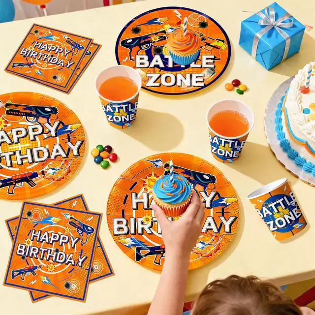 Alt view image 5 of 6 - 232 Pcs Dart War Party Decorations Supplies, 16 Guests Dart War Birthday Decorations Tableware Dart War Cupcake Toppers Banner Balloons Plates Tablecloth Hanging Swirls etc Dart Gun Party Decorations