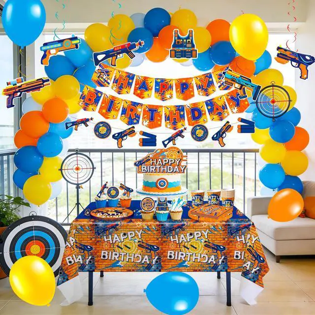 Alt view image 4 of 6 - 232 Pcs Dart War Party Decorations Supplies, 16 Guests Dart War Birthday Decorations Tableware Dart War Cupcake Toppers Banner Balloons Plates Tablecloth Hanging Swirls etc Dart Gun Party Decorations