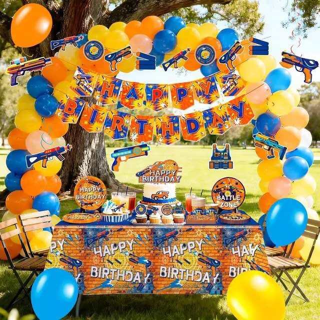 Alt view image 6 of 6 - 232 Pcs Dart War Party Decorations Supplies, 16 Guests Dart War Birthday Decorations Tableware Dart War Cupcake Toppers Banner Balloons Plates Tablecloth Hanging Swirls etc Dart Gun Party Decorations