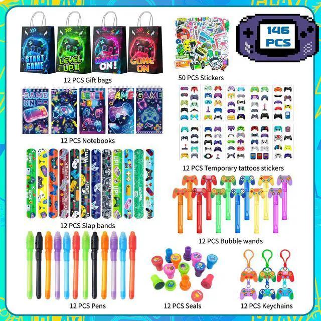 Alt view image 2 of 7 - Video Game Party Favors, 146 Pcs Gamer Party Favors Set Includes Gamer Goodie Bags Slap Bracelets Bubble Wand etc Gaming Theme Birthday Party Favors for Gamer Party Supplies