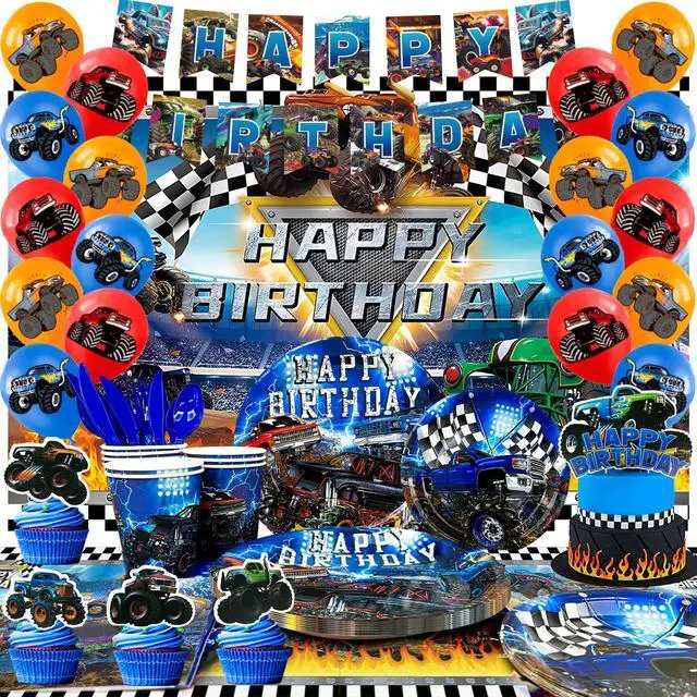 Main image of 112 Pcs Monster Truck Birthday Party Decorations, 10 Guests Monster Truck Birthday Party Tableware Kit, Monster Truck Plates Racing Napkins Construction Balloons Banner Backdrop etc