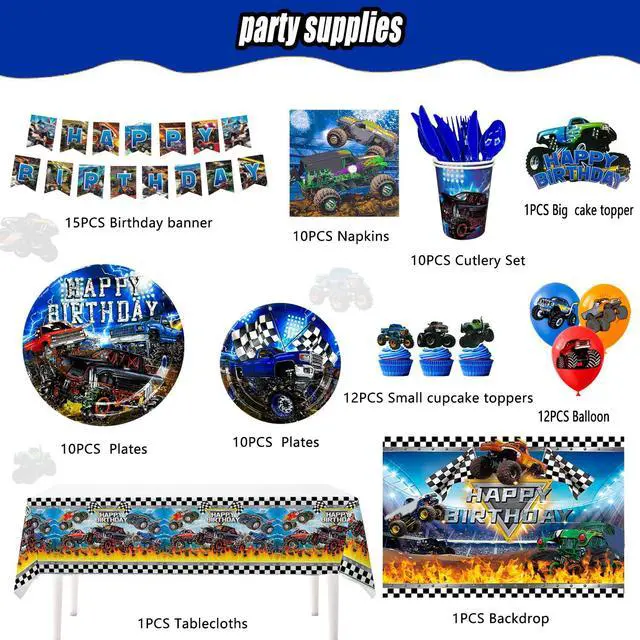 Alt view image 2 of 6 - 112 Pcs Monster Truck Birthday Party Decorations, 10 Guests Monster Truck Birthday Party Tableware Kit, Monster Truck Plates Racing Napkins Construction Balloons Banner Backdrop etc
