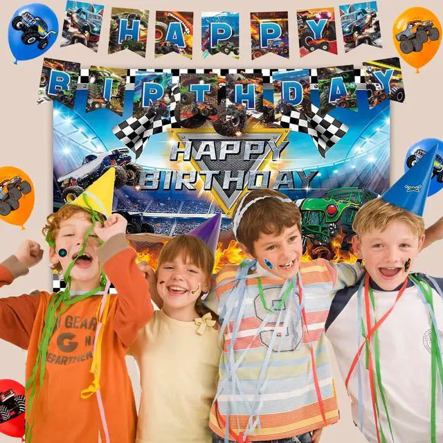 Alt view image 3 of 6 - 112 Pcs Monster Truck Birthday Party Decorations, 10 Guests Monster Truck Birthday Party Tableware Kit, Monster Truck Plates Racing Napkins Construction Balloons Banner Backdrop etc