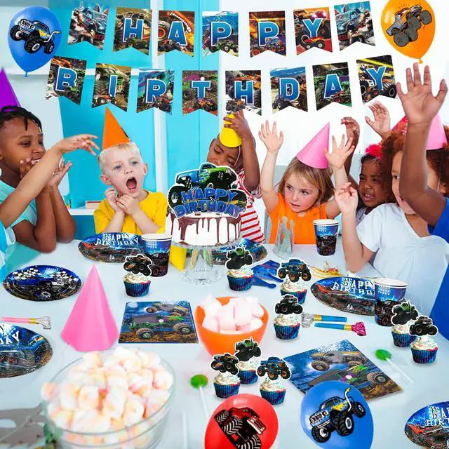 Alt view image 4 of 6 - 112 Pcs Monster Truck Birthday Party Decorations, 10 Guests Monster Truck Birthday Party Tableware Kit, Monster Truck Plates Racing Napkins Construction Balloons Banner Backdrop etc