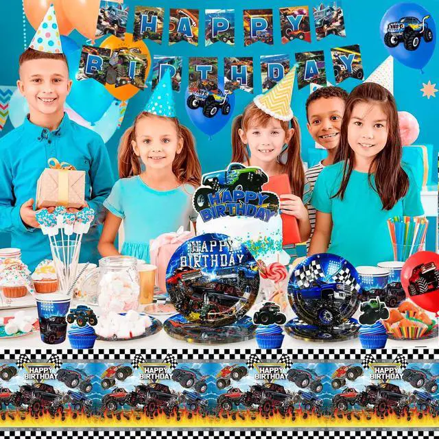 Alt view image 6 of 6 - 112 Pcs Monster Truck Birthday Party Decorations, 10 Guests Monster Truck Birthday Party Tableware Kit, Monster Truck Plates Racing Napkins Construction Balloons Banner Backdrop etc