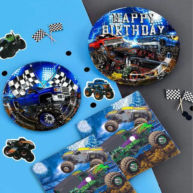 Alt view image 5 of 6 - 112 Pcs Monster Truck Birthday Party Decorations, 10 Guests Monster Truck Birthday Party Tableware Kit, Monster Truck Plates Racing Napkins Construction Balloons Banner Backdrop etc