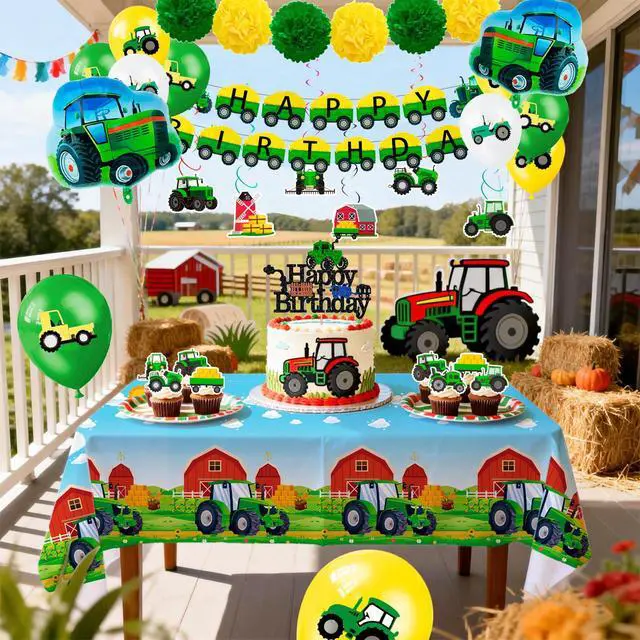 Alt view image 4 of 6 - 55 Pcs Tractor Birthday Party Decorations, Tractor Birthday Balloons Tractors Banner Tableclothes Flower Balls Hanging Swirls for Tractor Birthday Party Supplies